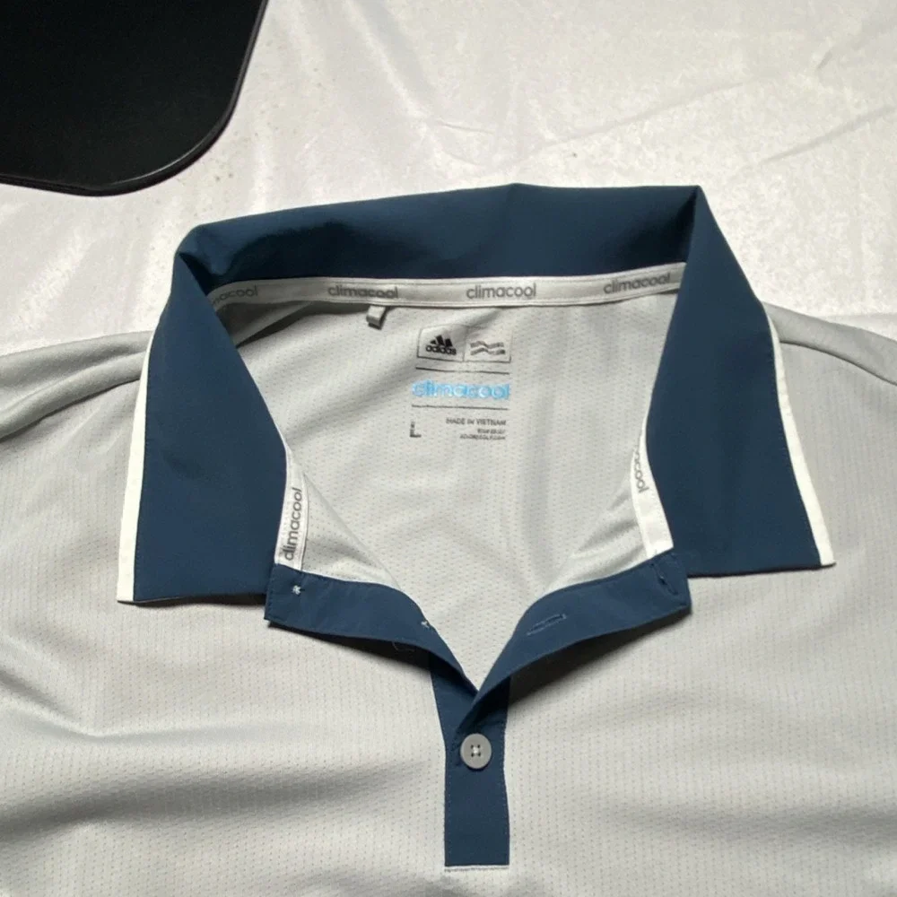 adidas climacool Polo Shirt Men L Light Gray Blue Short Sleeve Logo